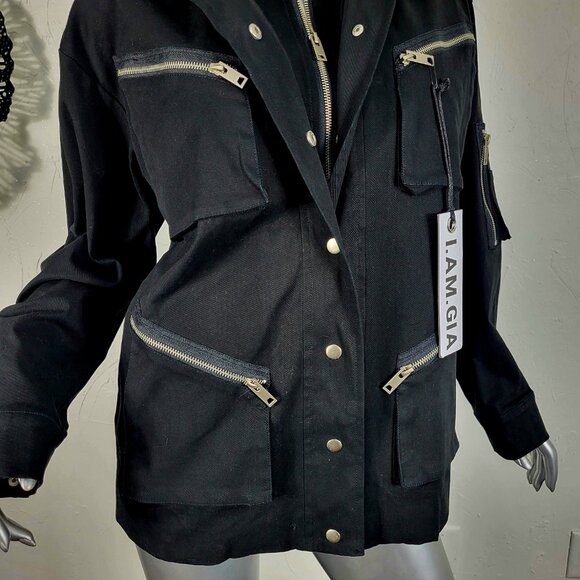NWT~$295~I AM GIA~S/M~BLACK MILITARY UTILITY CARGO DENIM JEAN JACKET COAT - Picture 5 of 16